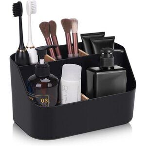 Black Toothbrush Holder Bathroom Organizer Toothpaste Stand Countertop Storage